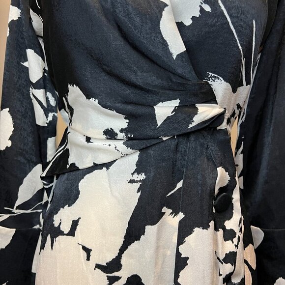 Zara Black & Off White Satin Effect Wrap Floral Print Midi Dress, Size XS - Picture 4 of 16